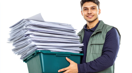 A young man smiles while holding a heavy green container filled with numerous documents.の素材