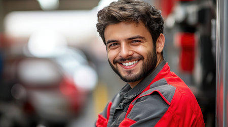 A cheerful mechanic poses in an auto repair shop surrounded by vehicles and tools during the day.の素材