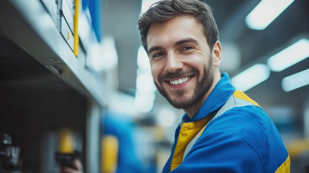 A man wearing a blue and yellow uniform smiles while organizing tools in a busy warehouse environment.の素材