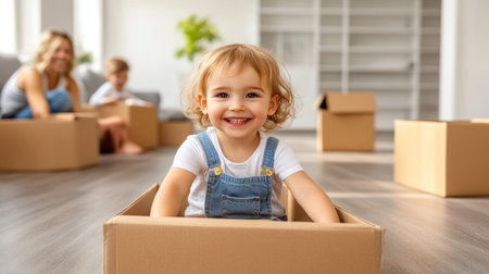 A young child smiling from a cardboard box while family members organize belongings in a spacious roomの素材