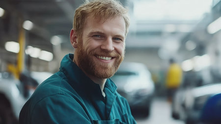 A mechanic with a beard smiles while working in a busy auto repair shop filled with cars.の素材