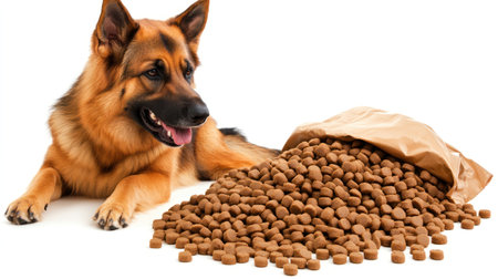 A happy German shepherd dog rests beside a large pile of dog food with an open bag in a well lit room.の素材