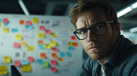 A man with glasses looks intently at a board filled with sticky notes while brainstorming ideas in an office.の素材
