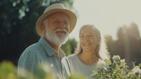 Two smiling seniors share a joyful moment while surrounded by blooming flowers in a sunny garden setting.の素材