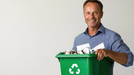 A man holds a green recycling bin full of paper showing his support for environmental sustainability.の素材