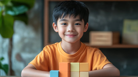 A young boy with black hair smiles while arranging colorful building blocks on a wooden table in a cozy room.の素材