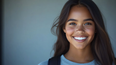 A young woman stands smiling her long hair framing her face wearing a casual outfit and a backpack.の素材