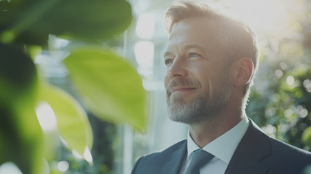 Man in suit smiles while surrounded by greenery in a bright office during daytime hours.の素材