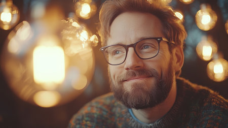 A joyful man with glasses sits comfortably surrounded by warm glowing lights and a relaxed atmosphere.の素材
