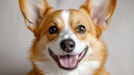 A cheerful corgi with bright eyes and a big smile is sitting indoors in soft lighting.の素材