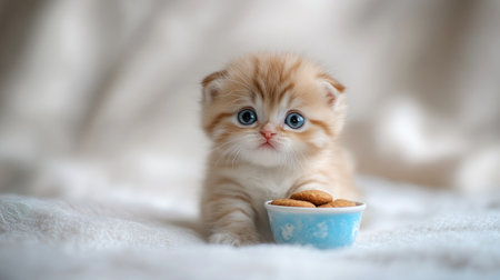 A small fluffy kitten with big blue eyes curiously stars at a bowl of treats in a cozy setting.の素材