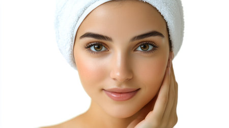 Close up of a woman with radiant skin and a towel wrapped around her head showing a calm and fresh expressionの素材
