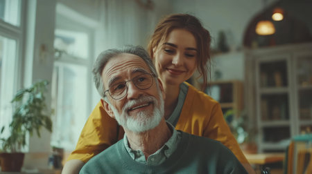 A caregiver shares a joyful moment with an elderly man in a warm and inviting room filled with plants.の素材