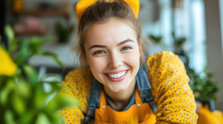 A cheerful woman wearing yellow attire leans forward among green plants showing her joyful expression.の素材