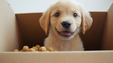 A cheerful golden retriever puppy sits in a cardboard box surrounded by dog food showing its playful nature.の素材
