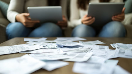 People sit on a couch in a living room reviewing bills and documents on tablets while surrounded by paperwork.の素材