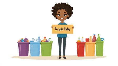 A character stands amidst colorful recycling bins promoting the message of recycling today in a fun way.の素材