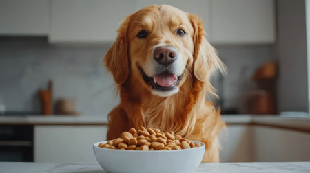 A golden retriever happily waits in a modern kitchen for its meal in a bowl filled with dog food.の素材