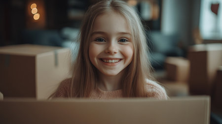 A cheerful girl with long hair enjoys unpacking boxes in a warm inviting living space filled with soft lighting.の素材