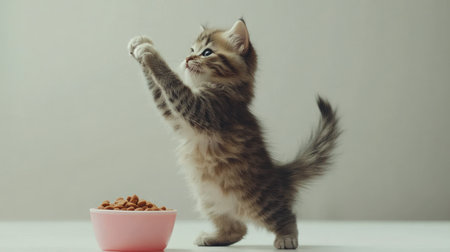 Fluffy kitten eagerly stands on its hind legs trying to grab kibble from a bowl during a playful moment indoors.の素材