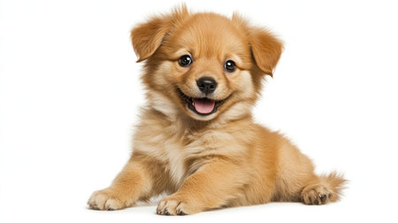 A playful golden puppy rests comfortably on a light surface displaying a joyful demeanor and bright eyes.の素材