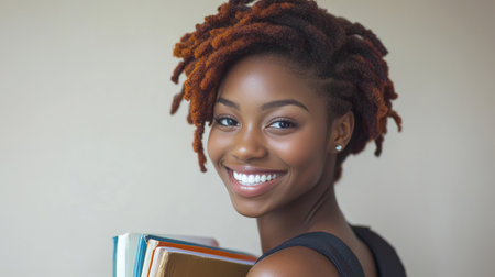 A young student with curly hair smiles while carrying several books in a relaxed study area.の素材