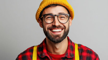 A young man with glasses wears a bright yellow beanie and plaid shirt smiling cheerfully indoors.の素材