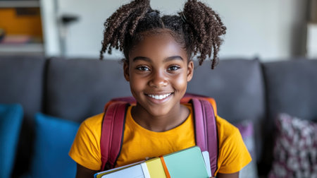 Young girl with curly hair smiles while holding books and wearing a backpack in a cozy home environmentの素材