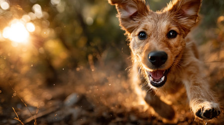 A playful golden retriever puppy dashes through the woods as the sun sets showcasing its joyful energy.の素材