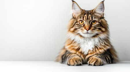 A Maine coon cat relaxes on a pristine white surface showing its luxurious fur and attractive gaze.の素材