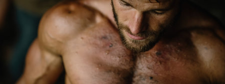 A muscular man concentrates on his workout in a well lit gym showcasing his dedication to fitness and strength.の素材