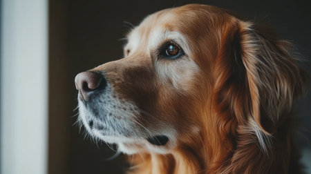 A golden retriever gazes thoughtfully out the window enjoying the calm afternoon light indoors.の素材
