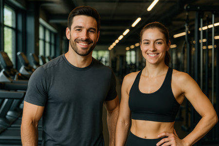Two fitness trainers smile confidently in a contemporary gym surrounded by workout equipment and natural light.の素材