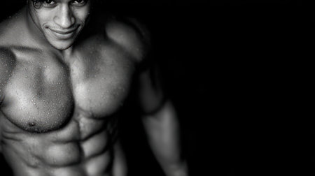 A muscular individual poses confidently with water droplets on their skin highlighting defined abs and biceps.の素材