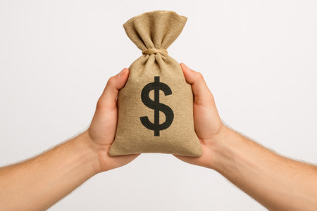 Two hands are gripping a burlap bag with a dollar sign emphasizing financial themes and wealth.の素材