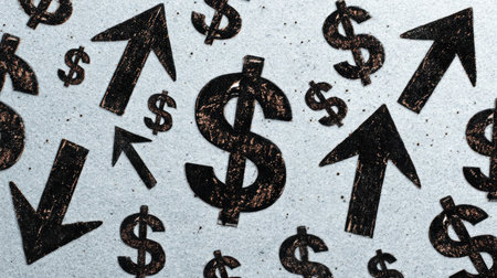 Dollar signs and upward arrows are scattered over a light textured background symbolizing financial growth.の素材