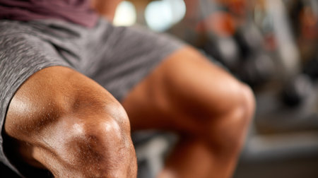 A person engages in an intense workout at a gym showcasing muscle definition and concentration.の素材