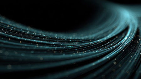 Waves of glowing lines and bright particles create a captivating visual in a dark setting.の素材