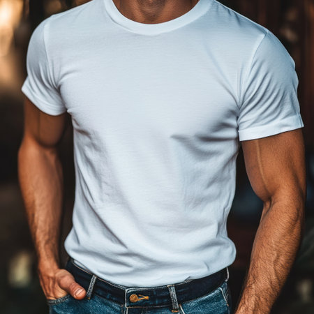 A man in a white t shirt and blue jeans poses casually with hands in pockets outdoors.の素材