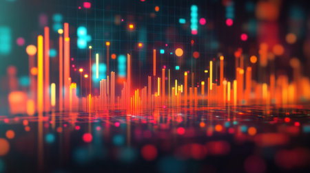 Colorful sound wave patterns rise and fall amid glowing dots creating a dynamic atmosphere at night.の素材
