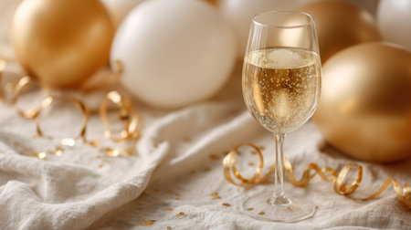 A glass filled with sparkling drink is placed on a table decorated with golden balloons and confetti.の素材