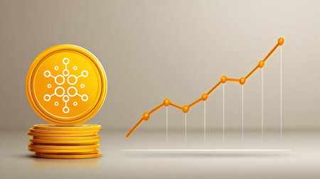 Golden coins stacked next to a rising trend line illustrate economic growth in the cryptocurrency market.の素材