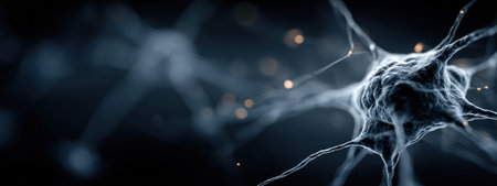 A close up view of a neuron showing its intricate structure while highlighting synaptic connections and activity.の素材