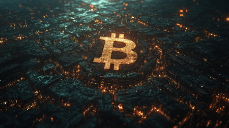 A vibrant city skyline showcases a large bitcoin symbol glowing at night surrounded by twinkling lights.の素材