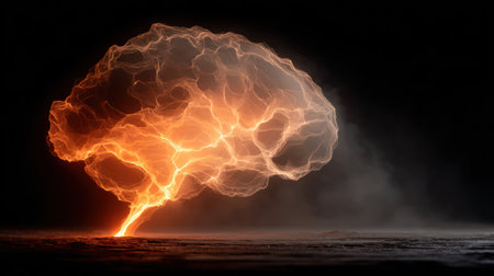 Fiery brain shape emanates light in a dark setting symbolizing creativity and thought processes.の素材