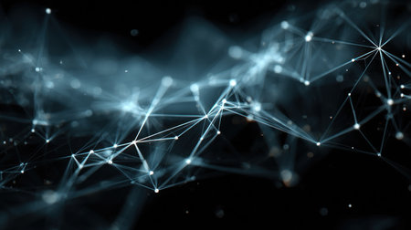 Abstract representation of a network with glowing points and lines symbolizing digital communication and connections.の素材