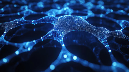 Detailed view of glowing blue nodes and connections forming a complex digital network structureの素材