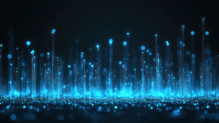 Glowing blue particles emerge from the surface creating a mesmerizing digital terrain in the dark.の素材