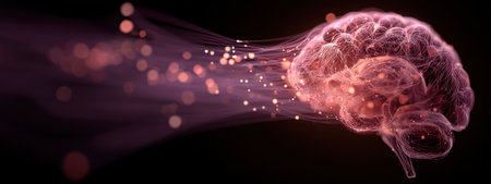 Digital art showcasing the brain emitting energy particles against a dark backdrop symbolizing thought processes.の素材
