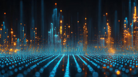 Colorful glowing points and lines create a lively digital environment resembling a futuristic city skyline.の素材